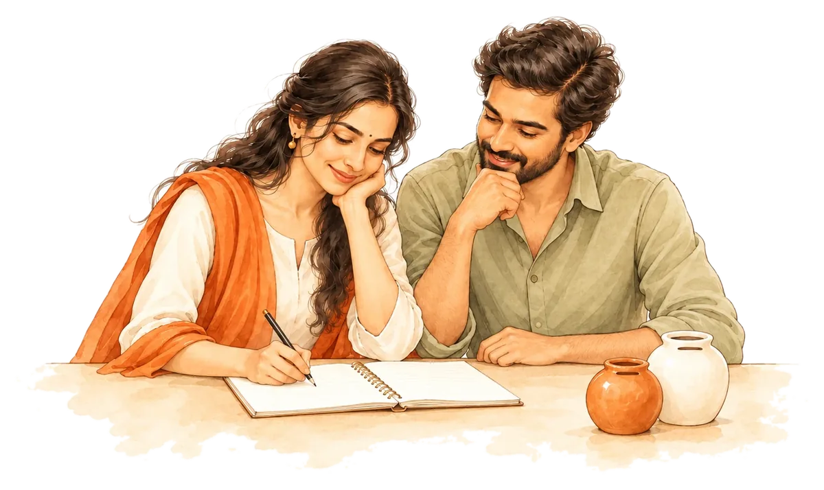 A couple at a table writing a plan in a notebook, two small savings pots beside them