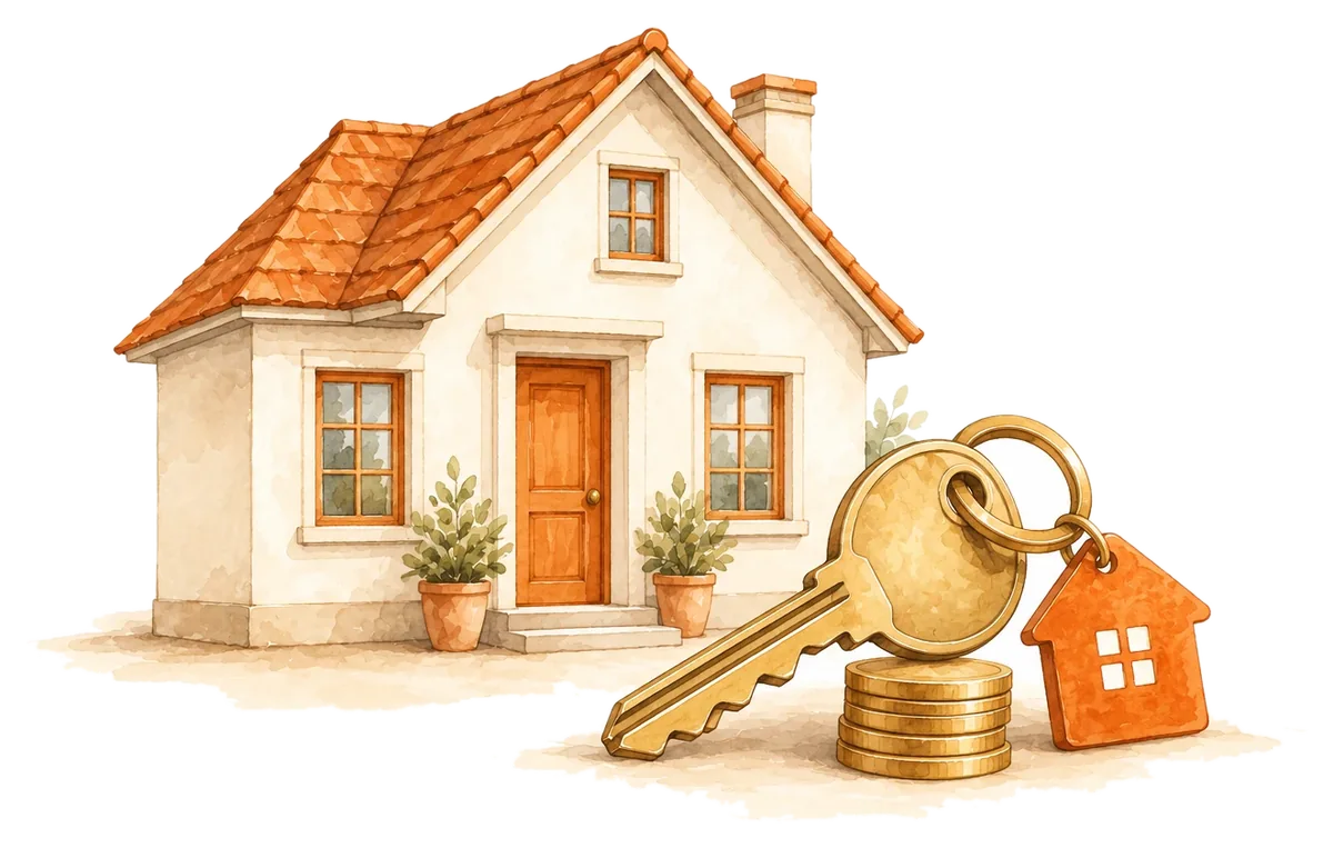 A small house with an orange-tiled roof, a brass key on a house-shaped keyring and a stack of coins