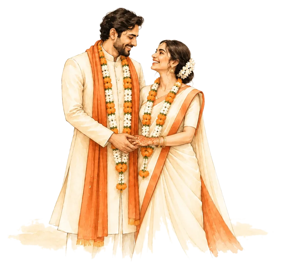 A bride and groom in garlands, holding hands and smiling at each other