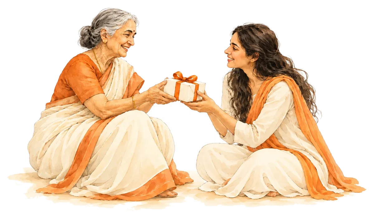 A grandmother handing a wrapped gift to a young woman
