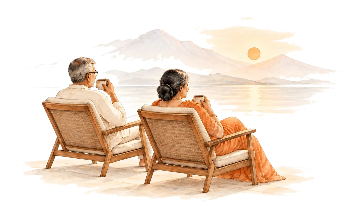 An older couple in chairs with cups of tea, watching the sun set over water and hills
